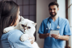 pet-owner-holding-cat-while-talking-to-vet